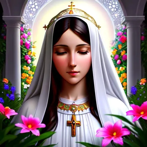 Prompt: Virgin mary, beautiful, simmetrycal, flowers around, beautiful garden, digital painting, detailed face, gray day, volumetric lights,