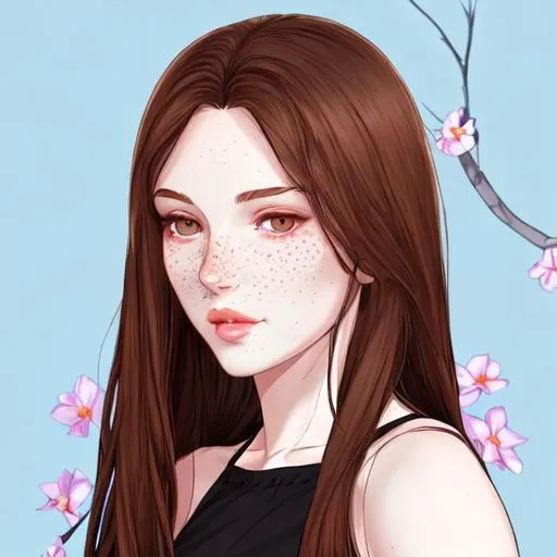 Prompt: A full body portrait of a beautiful face pale skinned 20 year old woman with freckles full, wide lips &  long dark brown hair, small eyes picking flowers, manhwa art style, 8k high quality proportionate face & features, WEBTOON artstyle