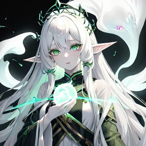 Prompt: female ghost (long white hair, pale skin, glowing green eyes, elf ears), UHD, 8K, transparent, see through
