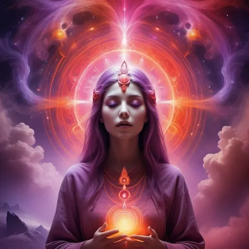 Prompt: You are seeing the eternal realms and have several spirit guides with no discernible faces in front of you speaking to you. Everything looks like an astral scene with colors of red, pink, orange, purple