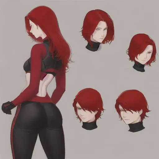 Prompt: original character , redhead , shy , red sport outfit , reference sheet , black pants , portrait , pose 