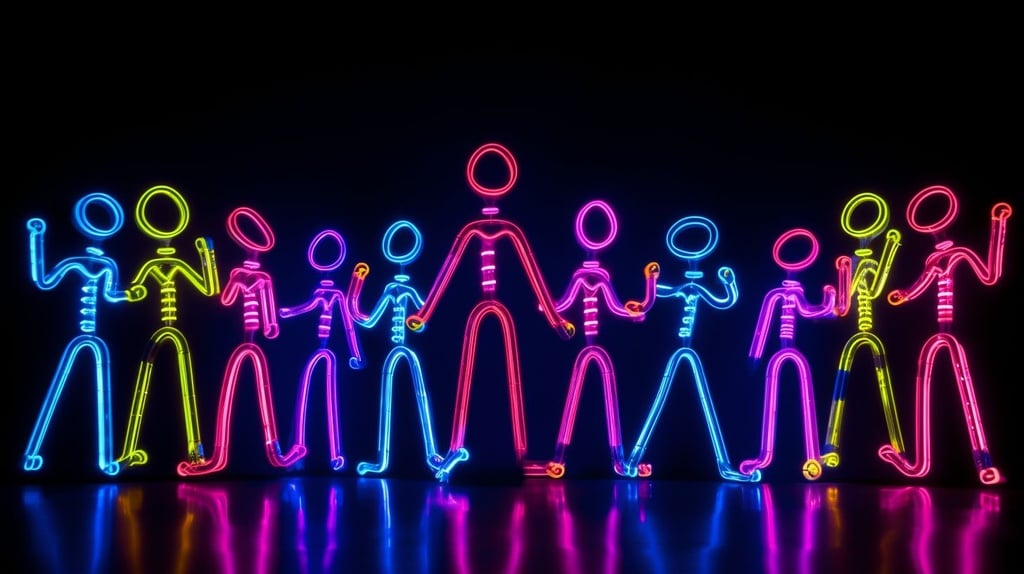 Prompt: neon lit striped tube stickmen dancing, weeping neon lit disco stars