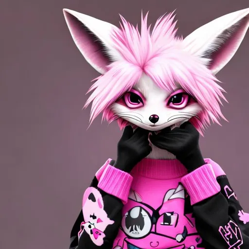 Prompt: Pink punk hair, pink fennec fox, black pink eyes, with a black eyepatch on the right side, with a pink heart shape, with pink cheeks, dark brown long sweater with sleeves, black pants with a black belt