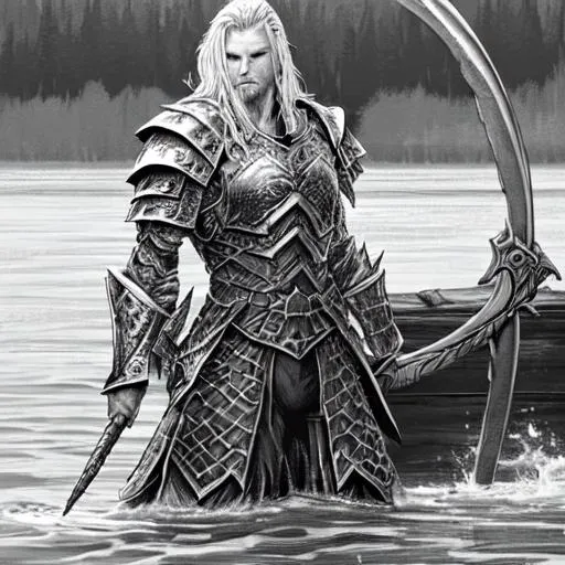 Prompt: The Dragoon Emerging from the lake next. Ragnar, wet from water, stepping on it. Telkrest’s pride and joy. Confident as ever. A taker in his giving nature. Having blonde hair and a strong build fit for a king, he arrives. In his skin, he is armored, fluctuating a red, black and white color. With one eye, a piercing red and the other, a glazed white. “This’ll be fun.”

