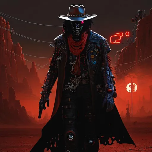 Prompt: Cyber Cowboy with 4 Arms, fiery red Poncho, Dressed in black duster and Stetson Cowboy Hat, with Red Sunglasses, Haunting Presence, Intricately Detailed, Hyperdetailed, Desert Wild West Landscape, Dusty Midnight Lighting, Wild West Feel