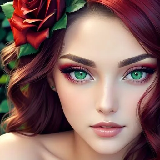 Prompt: Beauty, Beautiful and Gorgeous red roses in hair, green eyes,pretty makeup, facial closeup