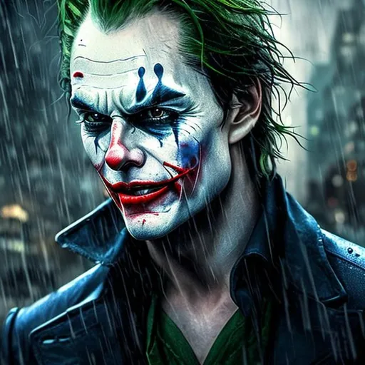 Prompt: Ultrarealistic 8K anime portrait of Tom Cruise  Joker with rain in the background"