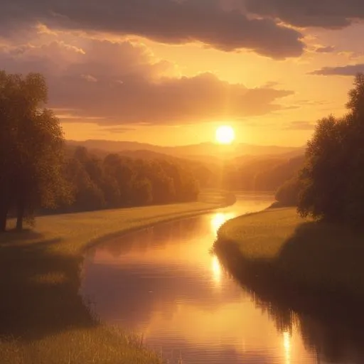 Prompt: photorealistic sunset in the distance above a river floating through a plain with trees, wide shot, nostalgic, melancholic, highly detailed, masterpiece, sun rays
