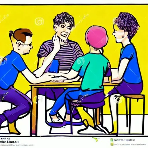 Prompt: young school child in conversation with 3 adults about health cartoon
pop art soft colors


