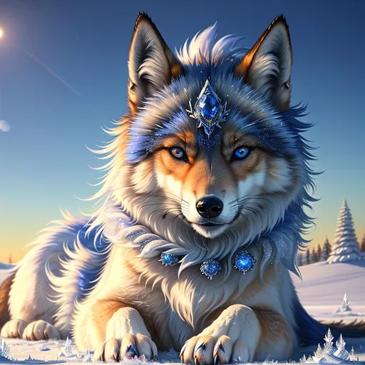 Prompt: (masterpiece, professional oil painting, epic digital art, best quality, highly detailed, UHD:1.5), extremely beautiful ((fox-wolf)), (canine quadruped), female, adolescent, ice elemental, deep blue-silver fur covered in frost, (bashful hypnotic sapphire blue eyes), 8k eyes, sprawled on frosted field, insanely beautiful, gorgeous silver mane covered in frost, (plump:2), by Anne Stokes, by Yuino Chiri, detailed detailed scowling face, finely detailed fur, hyper detailed fur, (soft silky insanely detailed fur), moonlight beaming through clouds, grassy field covered in frost, fluffy fox ears, cool colors, beaming sun, professional, symmetric, golden ratio, unreal engine, depth, volumetric lighting, rich oil medium, (brilliant auroras), (ice storm), full body focus, beautifully detailed background, highly detailed defined furry legs, cinematic, 64K, UHD, intricate detail, high quality, high detail, masterpiece, intricate facial detail, high quality, detailed face, intricate quality, intricate eye detail, highly detailed, high resolution scan, intricate detailed, highly detailed face, very detailed, high resolution