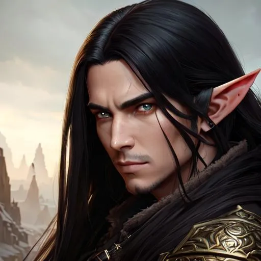 Portrait of a male demon hunter with long black hair...