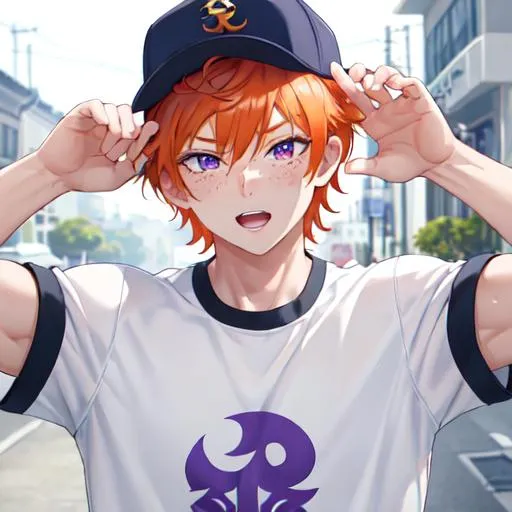 Prompt: Erikku male (short ginger hair, freckles, right eye blue left eye purple) muscular, UHD, 8K, Highly detailed, insane detail, best quality, high quality. hands in the air, wearing a sideways baseball cap, street wear