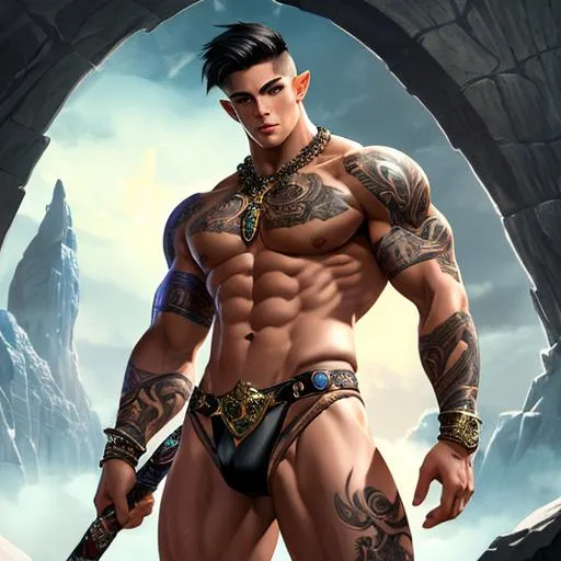 Prompt: fantasy art, illustration, intricate, hyper-detailed,  bare chested strong muscular, attractive male, bodybuilder, boy, male warrior character, muscular jawline, elf, long elf ears, beautiful face, beautiful, masculine face, full body pose, high resolution, leather thong,  detailed images, clear sharp resolution, short hair, black swirl tattoos, no-armor, barbarian, sword, Joe Madureira, muscular chest, gigachad, big shoulders, hulking