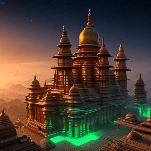 Prompt: Create a high-resolution, Sci-Fi-inspired view of Mystical India, showcasing {mandir}, {ashram}, and {Hindu Temples} with cultural depth. Utilize advanced tools like Octane 3D, HDR, and Unreal Engine 5 to achieve UHD 64K quality. Embrace wide-angle clarity, balance, and intricate details with dramatic volumetric lighting for a captivating portrayal of this enigmatic world.