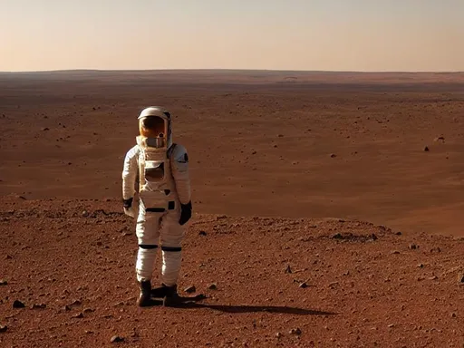 Prompt: man standing on mars, in space suit, dim sun , back view