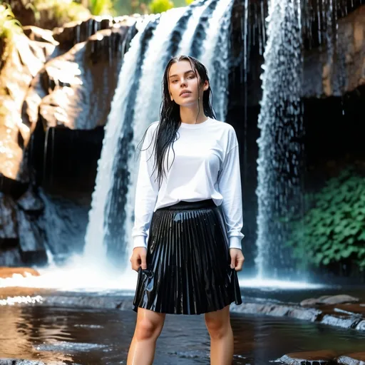 Prompt: photo of young woman, soaking wet clothes, white sneakers, black pleated skirt, black cotton tshirt with long sleeves,  , standing in a waterfall,   enjoying, water dripping from clothes, clothes stuck to body,  detailed textures of the wet fabric, wet face, wet plastered hair,  wet, drenched, professional, high-quality details, full body view.