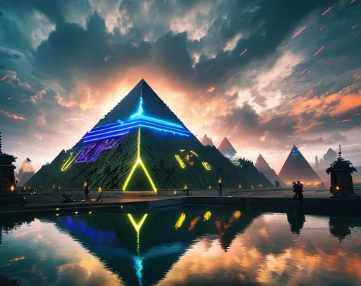 Prompt: Neon pyramid, eyes, widescreen ratio 16:9, 8k, front, full body, Epic action pose, epic Instagram, solar, psychedelic, fog, dusk, Twilight, hyperdetailed, intricately detailed, hyper-realistic, fantastical, intricate detail, WIDESCREEN, complementary colors, concept art, masterpiece, NEON oil painting, heavy strokes, splash arts, Wide Angle, Perspective, Double-Exposure, Light, NEON BLACK Background, Ultra-HD, Super-Resolution, Massive Scale, Perfectionism, Soft Lighting, Ray Tracing Global Illumination, Translucidluminescence, Crystalline, Lumen Reflections, in a symbolic and meaningful style, symmetrical, high quality, high detail, masterpiece, intricate facial detail, intricate quality, intricate eye detail, highly detailed, highly detailed face, Very detailed, high resolution
