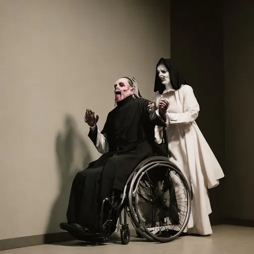 Prompt: an android zombie preacher in a wheelchair
in a brutalist setting. an android zombie nun is standing near him, she has multiple tentacle arms