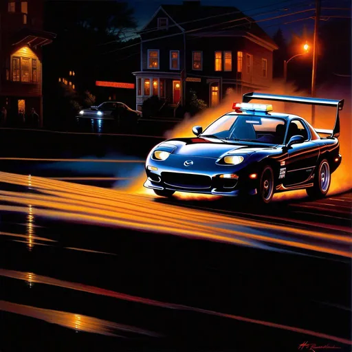 Prompt: Mazda RX7, car chase, cops, Pittsburgh at night, warm atmosphere, extremely detailed painting by Greg Rutkowski and by Henry Justice Ford and by Steve Henderson.