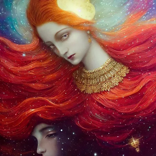 Prompt: a close up portrait of An intergalactic beautiful empress, beautiful symmetrical face, silky gradient red hair hair, golden eyes, wearing a exquisite sculptural gown with delicate intricate details, shimmer, glow. Art by  tom bagshaw, Victo Ngai, Sherry Akrami,  Anna Dittman, Lucie Bilodeau, Laura Diehl, Paul Delaroche, highly detailed, sharp focus, ethereal, fantastic view, dreamy, Epic, celestial, sparkling, glossy, light emitting,  inner light.