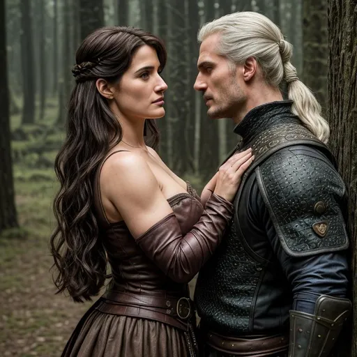 Prompt: Henry Cavill dressed  as witcher kissing Cobie Smulders dressed as princess super detailed faces , realistic skin, perfect composition,8k, high quality, realistic, sharp focus, movie scene,intricate details, highly detailed,in breezing morning   environment, 