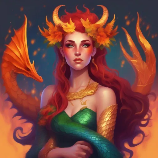 Prompt: A colourful and beautiful Persephone, she is a dragon woman, with scales for skin, horns and gold fire for hair, in a painted style