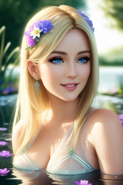 Prompt: realistic cinematic full body view of gorgeous blonde lady(beautiful eyes, detailed face, smiling) wearing mesh dress, in a water pond filled with flowers, wet, detailed image, 8k