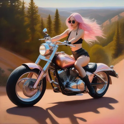Prompt: fantasy art, Victorian oil painting, Billie Eilish in a skimpy Bikini with rose gold pinkish hair, riding a big trail motorcycle.