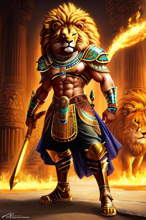 Prompt: oil painting, anthropomorphic lion, male, furry, warrior, ancient egypt, 8k, UHD,   bronze weapons, hieroglyphics art, hyperrealistic, photorealistic, beautiful art, furry art, digital art,  hyperperfectionist, muscular, pharaoh, lion head, hyperdetailed full-body of a werelion in battle stance, hyper detailed background, ancient egypt temple inside background, god of egypt, highly detailed, panned out view of the character, tan skin, scary, bloody, fight, pharaoh crown, majestic