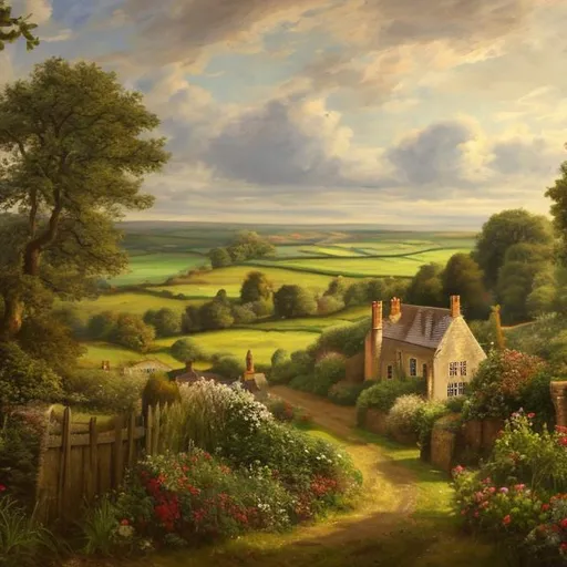 Prompt: Generate a 4K painting of country side England with Georgia house and green landscape 