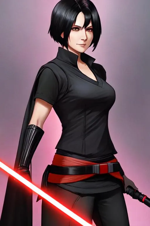 Prompt: A woman sith lord, with black short-length hair, a subtle smile, a black short sleeve shirt, a black vest past the waist, black belt, black pants, black boots, two lightsabers one red and one light pink