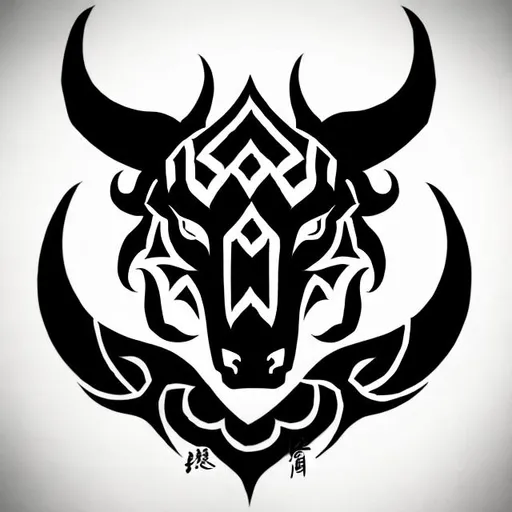 Prompt: simple tribal tattoo design of kanji:0.08 for tatsu and buru, subtly blended with dragon bull horns