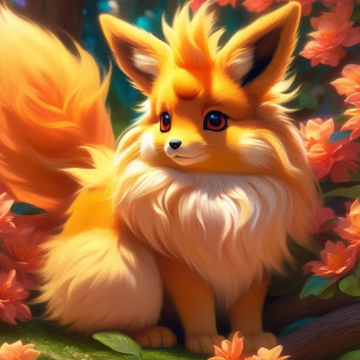 Prompt: (Flareon), realistic, photograph, epic oil painting, (hyper real), furry, (hyper detailed), extremely beautiful, (on back), sprawled, paws in the air, playful, UHD, studio lighting, best quality, professional, ray tracing, 8k eyes, 8k, highly detailed, highly detailed fur, hyper realistic creamy fur, canine quadruped, (high quality fur), fluffy, fuzzy, full body shot, zoomed out view of character, hyper detailed eyes, perfect composition, ray tracing, masterpiece, trending, instagram, artstation, deviantart, best art, best photograph, unreal engine, high octane, cute, adorable smile, lying on back, flipped on back, lazy, peaceful, (highly detailed background), vivid, vibrant, intricate facial detail, incredibly sharp detailed eyes, extremely thick billowing fur,  incredibly realistic golden retriever fur, concept art, anne stokes, yuino chiri, character reveal, extremely detailed fur, sapphire sky, complementary colors, golden ratio, rich shading, vivid colors, high saturation colors, silver light beams