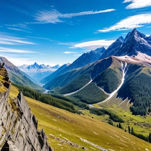 Prompt: a majestic and rugged mountain with slate rock walls and blue skies