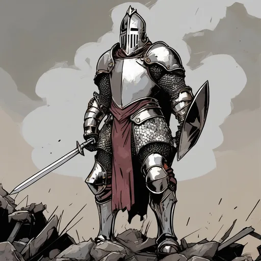 Prompt: Art style is apocalyptic comic book as in the Marvel comic books but a bit more realistic. A noble knight wearing armor and looking beat up.  Arms are in A position. 
