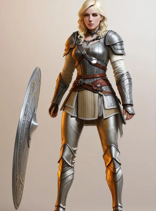 Prompt: digital art, 27-year-old modest Young woman viking, blonde hair, black pants, Quite well-built and lean muscled, assassin's creed Valhalla armor, orange armor, orange gear, Green-gold eyes, very short curly blonde hair, full body, full armor, unreal engine 8k octane, 3d lighting