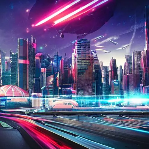 Prompt: long shot scenic professional photograph of {futuristic city}, perfect viewpoint, highly detailed, wide-angle lens, hyper-realistic, with dramatic sky, polarizing filter, natural lighting, vivid colors, everything in sharp focus, with highly detailed {object1}  billboard in the foreground with Cynnickel {text}, written in neon lights, physically based render, 