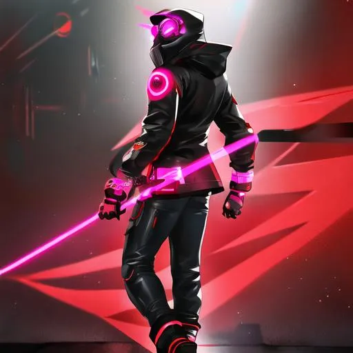 Prompt: Male character, black but red neon gas mask, cyber netrunner hood (black but neon red), neon red Sword In its Back, Red Mecha Cyber Jacket, black jeans, red shoes