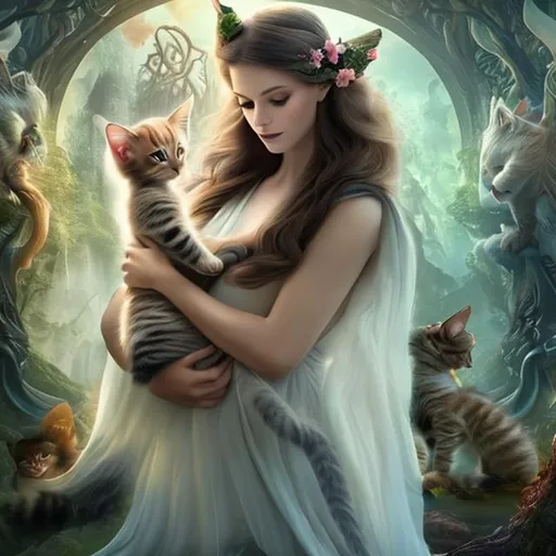 Prompt: 
insanely beautiful lady with kitten in beautiful mythical place