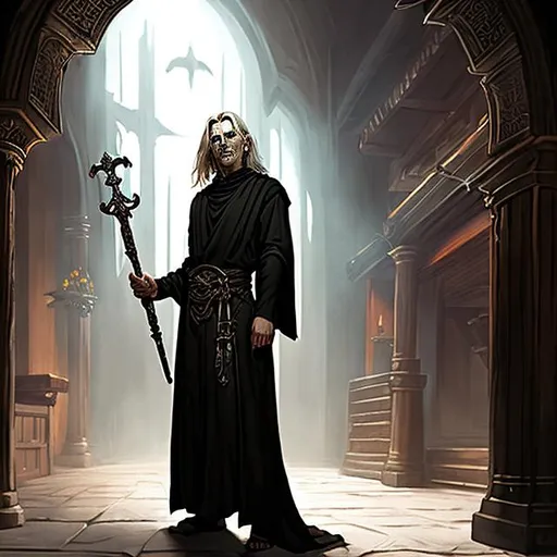 Prompt: fantasy priest cultist, dark occult robes, tavern background, by Wayne Reynolds