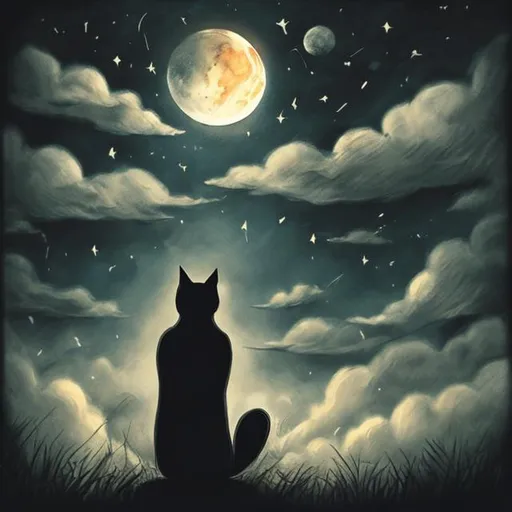 Prompt: a sad cat is looking at its owner,a woman,bikin,dark sky,moon,