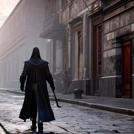 Prompt: The Grim Reaper walks down a street in Guadalajara. His cloak billows behind him in the breeze, and his scythe gleams menacingly in the sunset. He seems almost real until you remember that he is only a figment of your imagination.
