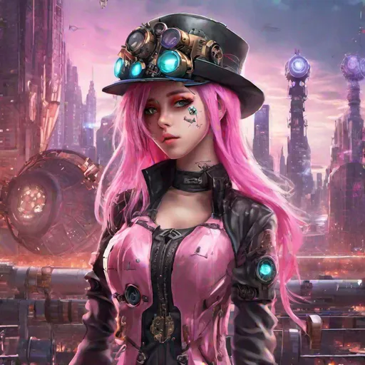 Prompt: ANIME GIRL, cyber eyes, pink hair, dressed in cyber punk dress, with steampunk hat, ultra real future city background