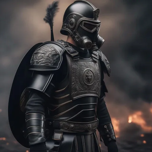 Prompt: A modern roman military male in black military roman armor and shield scutum, and gas mask, background sci fi war, Hyperrealistic, sharp focus, Professional, UHD, HDR, 8K, Render, electronic, dramatic, vivid, pressure, stress, nervous vibe, loud, tension, traumatic, dark, cataclysmic, violent, fighting, Epic