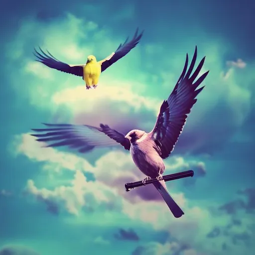 Prompt:  Take a photo of a sky and a bird and merge them to create a new creature of birds