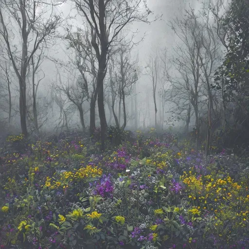 Prompt: dark wild garden, dark atmosphere, misty aura, yellowly cloudy