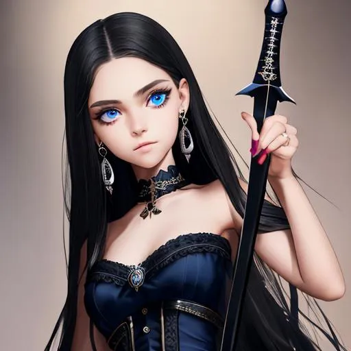 Prompt: An insanely beautiful girl around 12 years old. wearing black skull earrings. holding a sharp dagger in one hand. perfect anatomy, symmetrically perfect face. beautiful deep blue eyes. beautiful long black wavy hair. no extra limbs or hands or fingers or legs or arms. full body view.