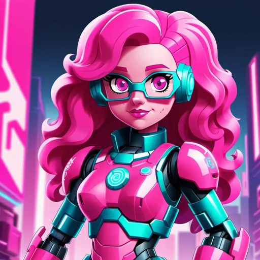 Prompt: cyberpunk equestria girls pinkie pie with pink skin wearing tech armor