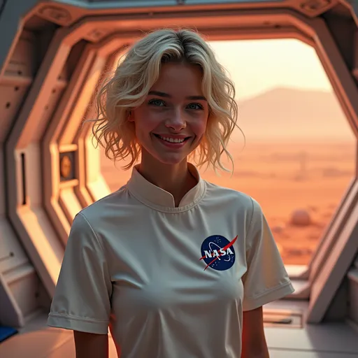 Prompt: (central content: young woman, 19 years old, shortblonde, frizzy hair), bright smile, cute and pretty features, (NASA colors and style), huge spaceship backdrop, (comfortable and light elegant costume), futuristic design, Mars terraforming scene, vivid colors, spacious interior, ambient lighting, charming atmosphere, (HD, ultra-detailed), adventurous vibe, engaging expression, dynamic composition, striking visuals.