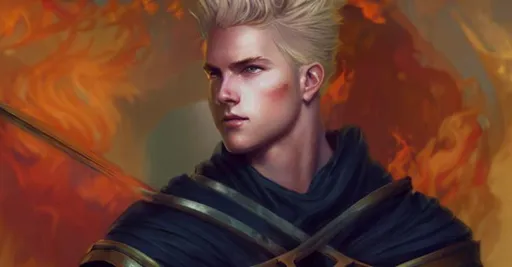 Prompt: portrait of an aasimar paladin blond young man with amber eyes wielding his flaming blade, strong, sofisticated, fantasy, highly detailed, digital painting, artstation, concept art, character art, art by greg rutkowski and tyler jacobson and alphonse mucha